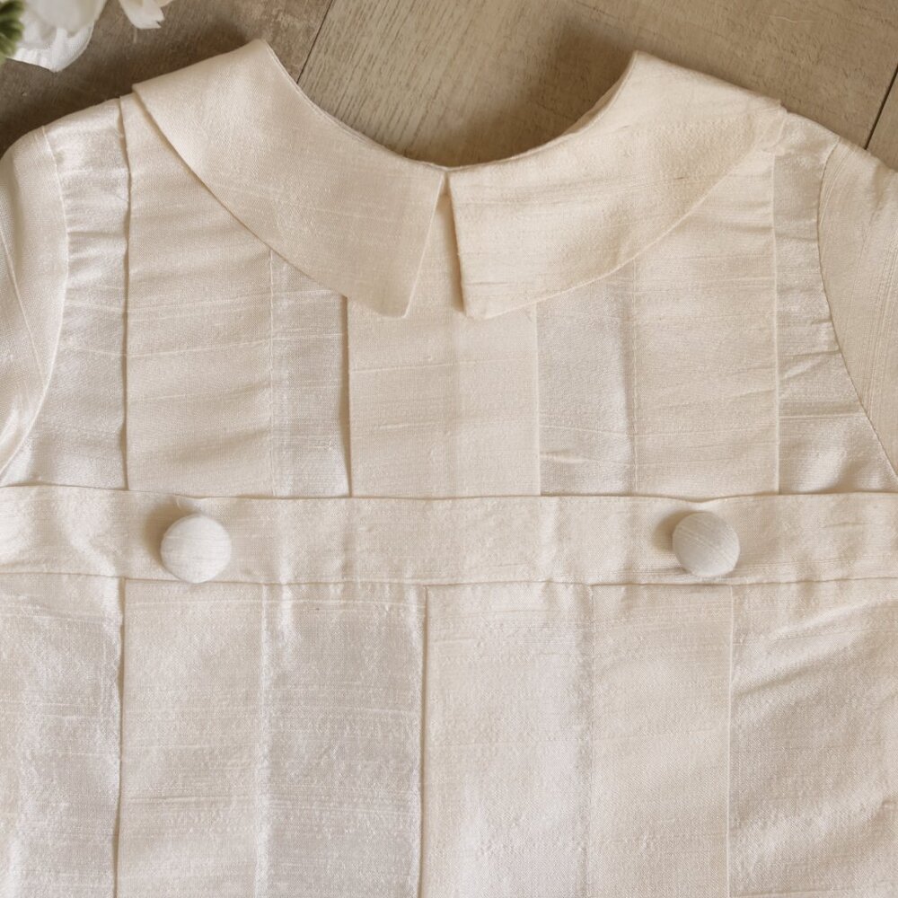 Boy's Ivory Dupioni Silk Special Occasion Romper Bonnet Set Vintage Heirloom NWT - Picture 2 of 7